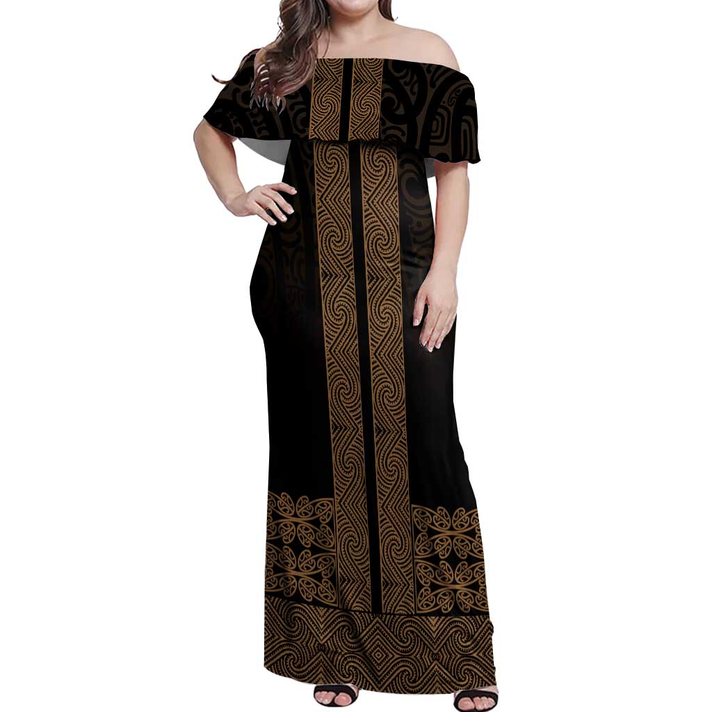 New Zealand Maori Kowhaiwhai Off Shoulder Maxi Dress Parauri Maui and Mangopare LT9 Women Brown - Polynesian Pride