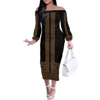 New Zealand Maori Kowhaiwhai Off The Shoulder Long Sleeve Dress Parauri Maui and Mangopare LT9 Women Brown - Polynesian Pride