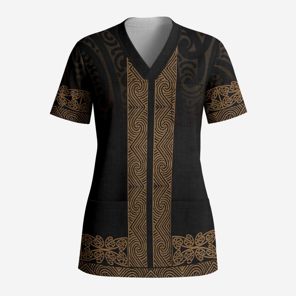 New Zealand Maori Kowhaiwhai Scrub Top Parauri Maui and Mangopare LT9 Adult Brown - Polynesian Pride