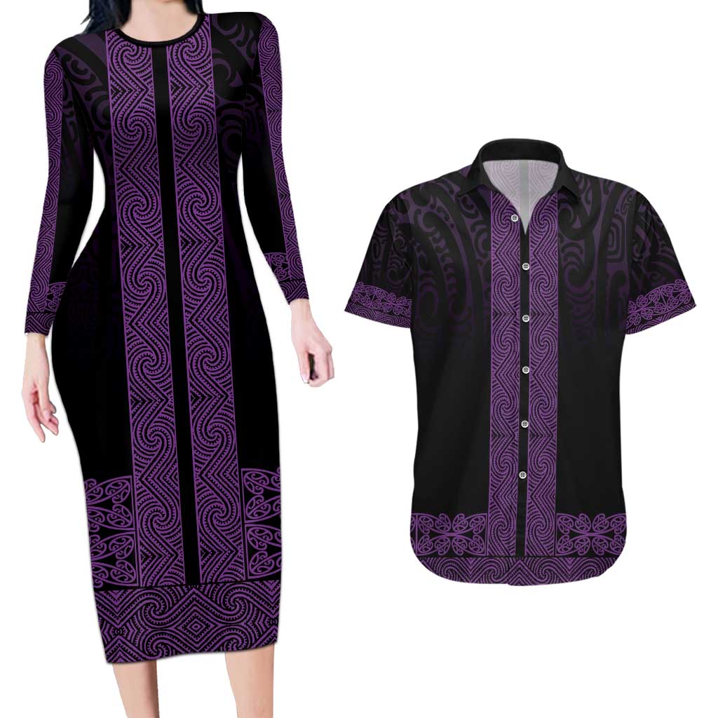 New Zealand Maori Kowhaiwhai Couples Matching Long Sleeve Bodycon Dress and Hawaiian Shirt Waiporoporo Maui and Mangopare LT9 Purple - Polynesian Pride