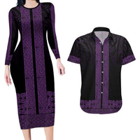 New Zealand Maori Kowhaiwhai Couples Matching Long Sleeve Bodycon Dress and Hawaiian Shirt Waiporoporo Maui and Mangopare LT9 Purple - Polynesian Pride