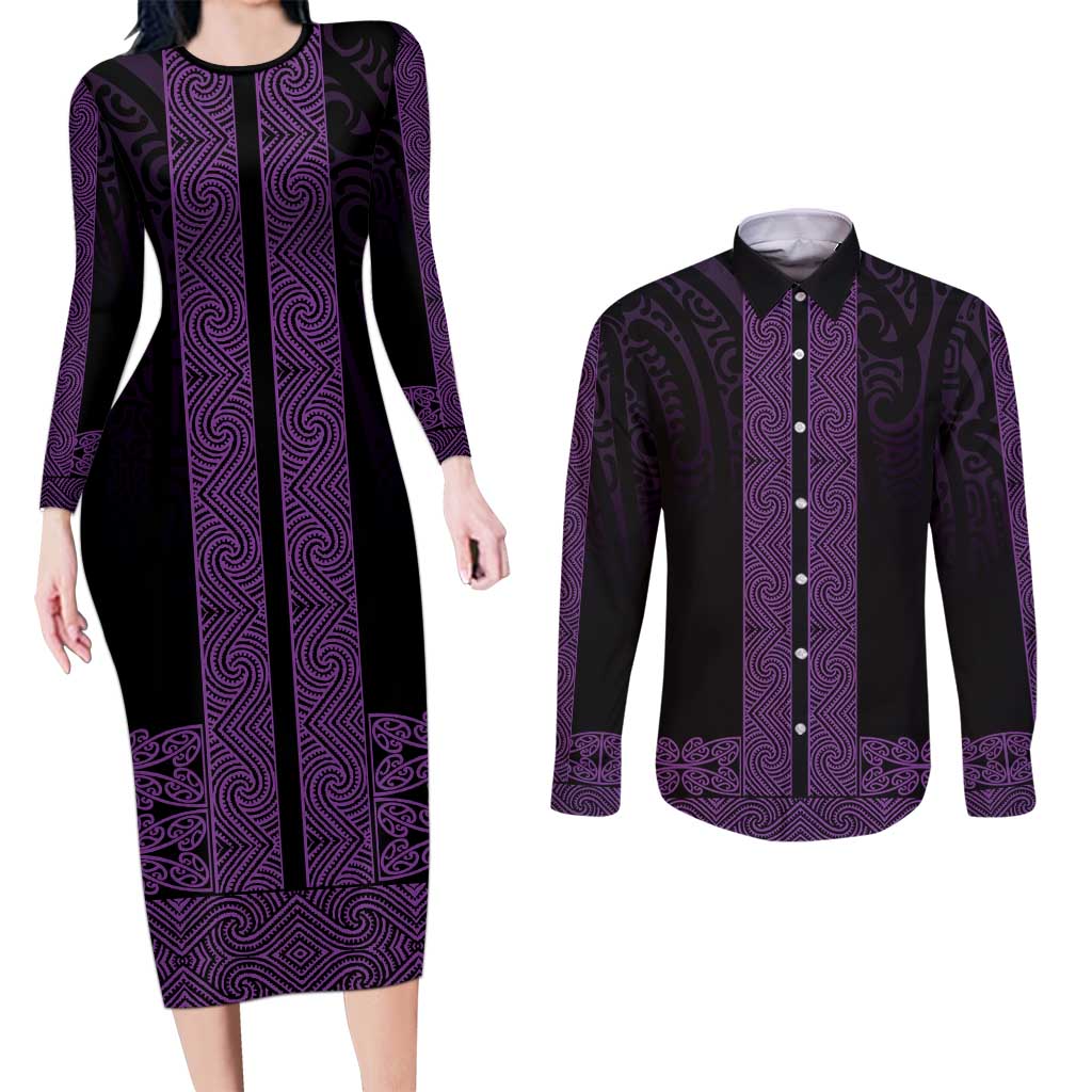 New Zealand Maori Kowhaiwhai Couples Matching Long Sleeve Bodycon Dress and Long Sleeve Button Shirt Waiporoporo Maui and Mangopare LT9 Purple - Polynesian Pride