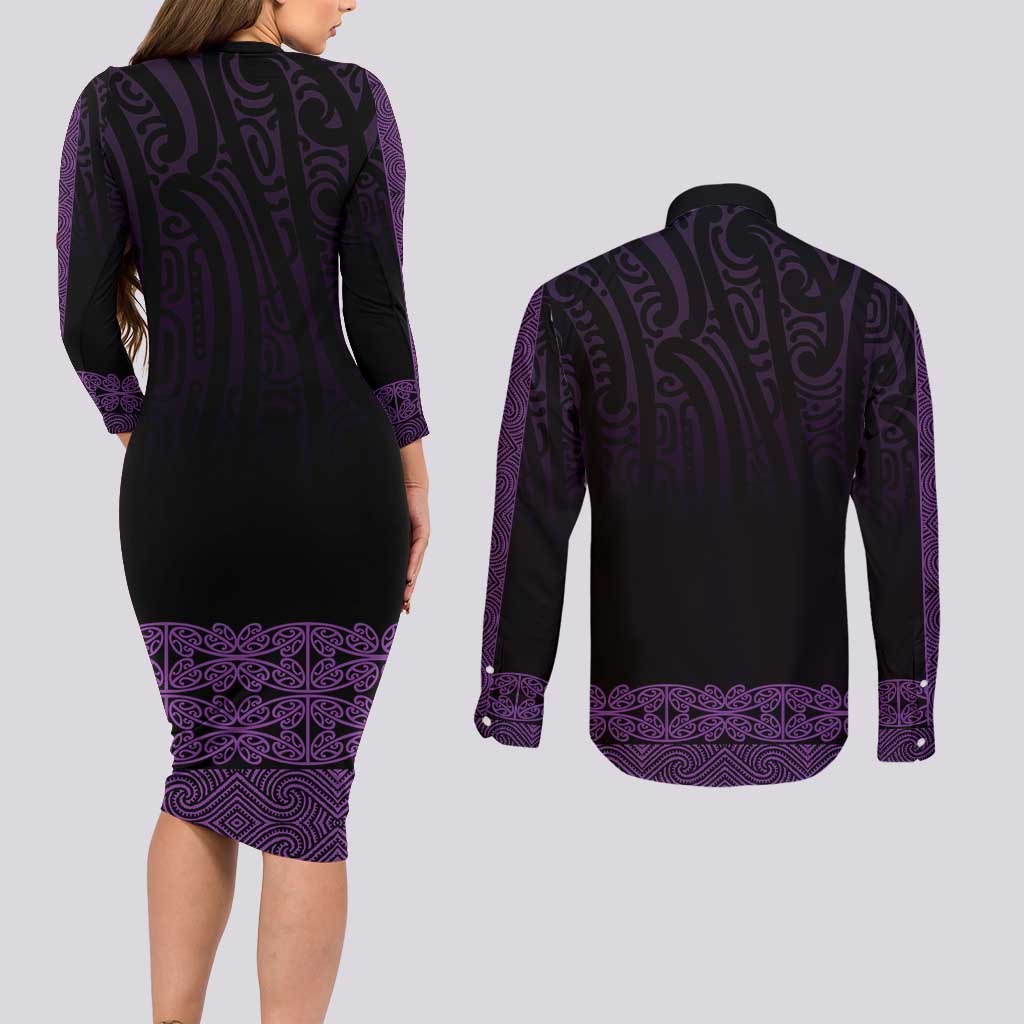 New Zealand Maori Kowhaiwhai Couples Matching Long Sleeve Bodycon Dress and Long Sleeve Button Shirt Waiporoporo Maui and Mangopare LT9 - Polynesian Pride