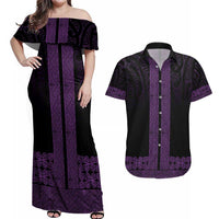 New Zealand Maori Kowhaiwhai Couples Matching Off Shoulder Maxi Dress and Hawaiian Shirt Waiporoporo Maui and Mangopare LT9 Purple - Polynesian Pride