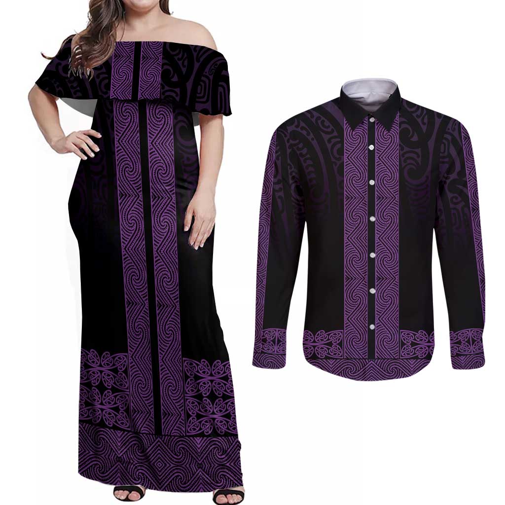New Zealand Maori Kowhaiwhai Couples Matching Off Shoulder Maxi Dress and Long Sleeve Button Shirt Waiporoporo Maui and Mangopare LT9 Purple - Polynesian Pride