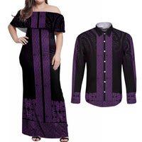 New Zealand Maori Kowhaiwhai Couples Matching Off Shoulder Maxi Dress and Long Sleeve Button Shirt Waiporoporo Maui and Mangopare LT9 Purple - Polynesian Pride