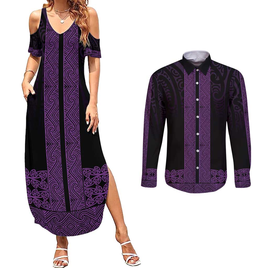 New Zealand Maori Kowhaiwhai Couples Matching Summer Maxi Dress and Long Sleeve Button Shirt Waiporoporo Maui and Mangopare