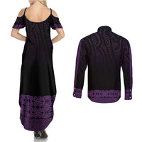 New Zealand Maori Kowhaiwhai Couples Matching Summer Maxi Dress and Long Sleeve Button Shirt Waiporoporo Maui and Mangopare LT9 - Polynesian Pride