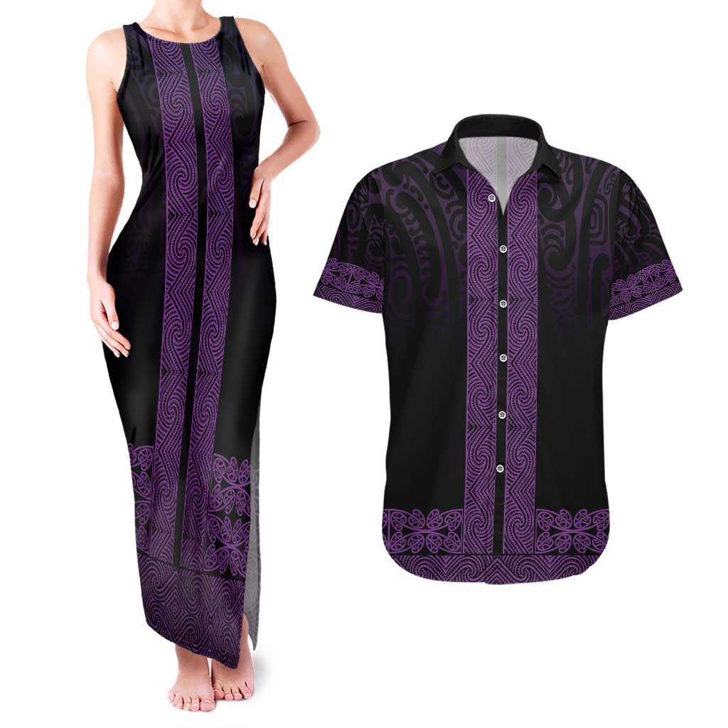 New Zealand Maori Kowhaiwhai Couples Matching Tank Maxi Dress and Hawaiian Shirt Waiporoporo Maui and Mangopare