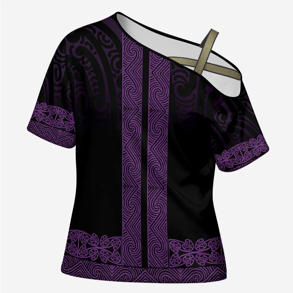New Zealand Maori Kowhaiwhai Cross Shoulder Shirt Waiporoporo Maui and Mangopare LT9 Female Purple - Polynesian Pride