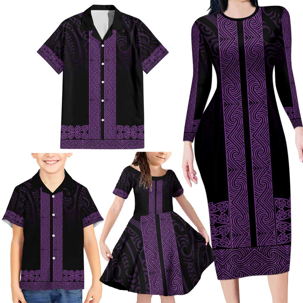 New Zealand Maori Kowhaiwhai Family Matching Long Sleeve Bodycon Dress and Hawaiian Shirt Waiporoporo Maui and Mangopare LT9 - Polynesian Pride