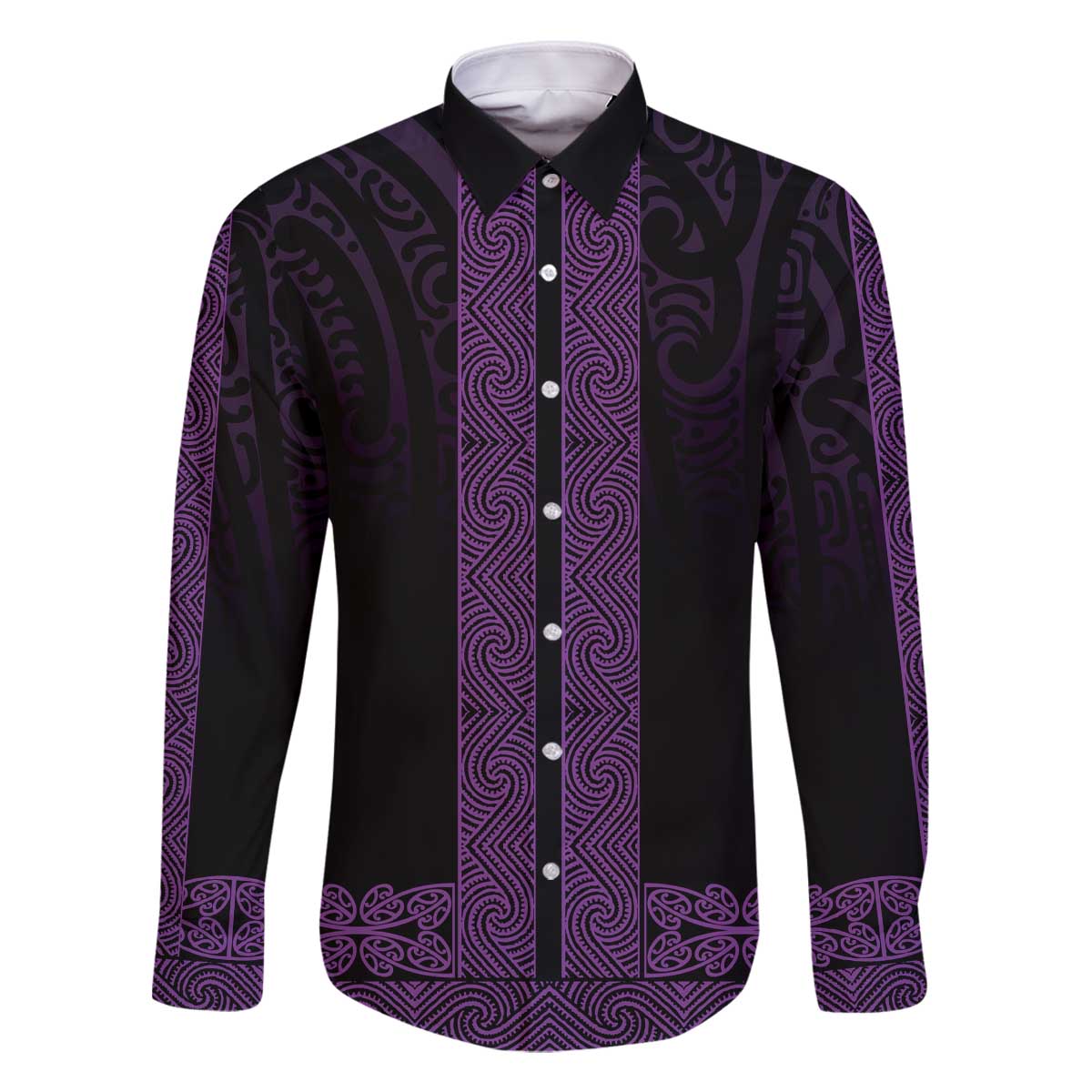 New Zealand Maori Kowhaiwhai Family Matching Off The Shoulder Long Sleeve Dress and Hawaiian Shirt Waiporoporo Maui and Mangopare LT9 Dad's Shirt - Long Sleeve Purple - Polynesian Pride