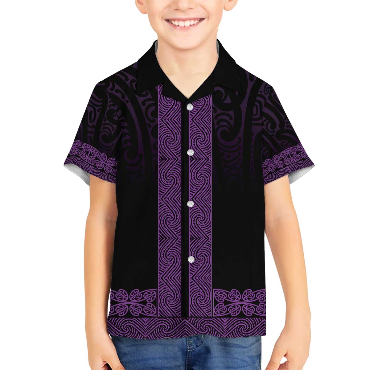 New Zealand Maori Kowhaiwhai Family Matching Off The Shoulder Long Sleeve Dress and Hawaiian Shirt Waiporoporo Maui and Mangopare LT9 Son's Shirt Purple - Polynesian Pride