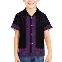 New Zealand Maori Kowhaiwhai Family Matching Off The Shoulder Long Sleeve Dress and Hawaiian Shirt Waiporoporo Maui and Mangopare LT9 Son's Shirt Purple - Polynesian Pride