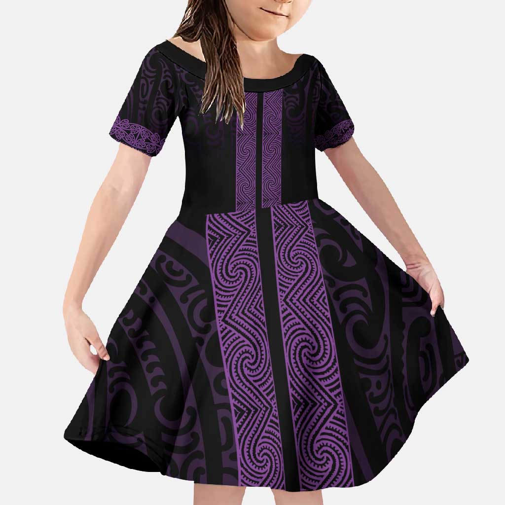 New Zealand Maori Kowhaiwhai Family Matching Off Shoulder Maxi Dress and Hawaiian Shirt Waiporoporo Maui and Mangopare LT9 Daughter's Dress Purple - Polynesian Pride