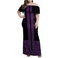 New Zealand Maori Kowhaiwhai Family Matching Off Shoulder Maxi Dress and Hawaiian Shirt Waiporoporo Maui and Mangopare LT9 Mom's Dress Purple - Polynesian Pride