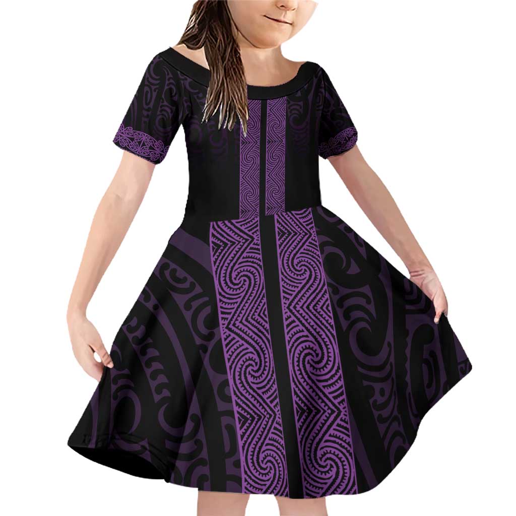 New Zealand Maori Kowhaiwhai Family Matching Off Shoulder Short Dress and Hawaiian Shirt Waiporoporo Maui and Mangopare LT9 Daughter's Dress Purple - Polynesian Pride
