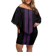 New Zealand Maori Kowhaiwhai Family Matching Off Shoulder Short Dress and Hawaiian Shirt Waiporoporo Maui and Mangopare LT9 Mom's Dress Purple - Polynesian Pride