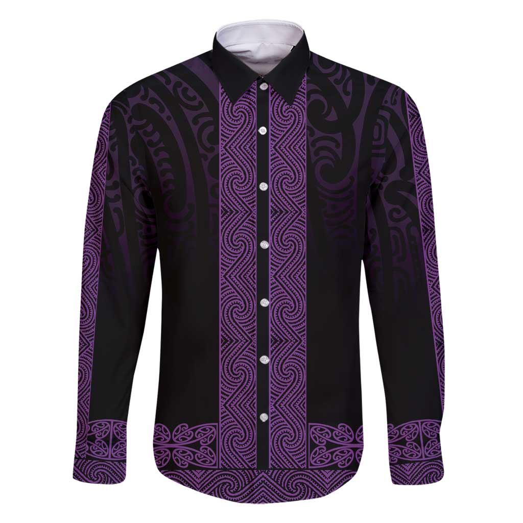 New Zealand Maori Kowhaiwhai Family Matching Tank Maxi Dress and Hawaiian Shirt Waiporoporo Maui and Mangopare LT9 Dad's Shirt - Long Sleeve Purple - Polynesian Pride