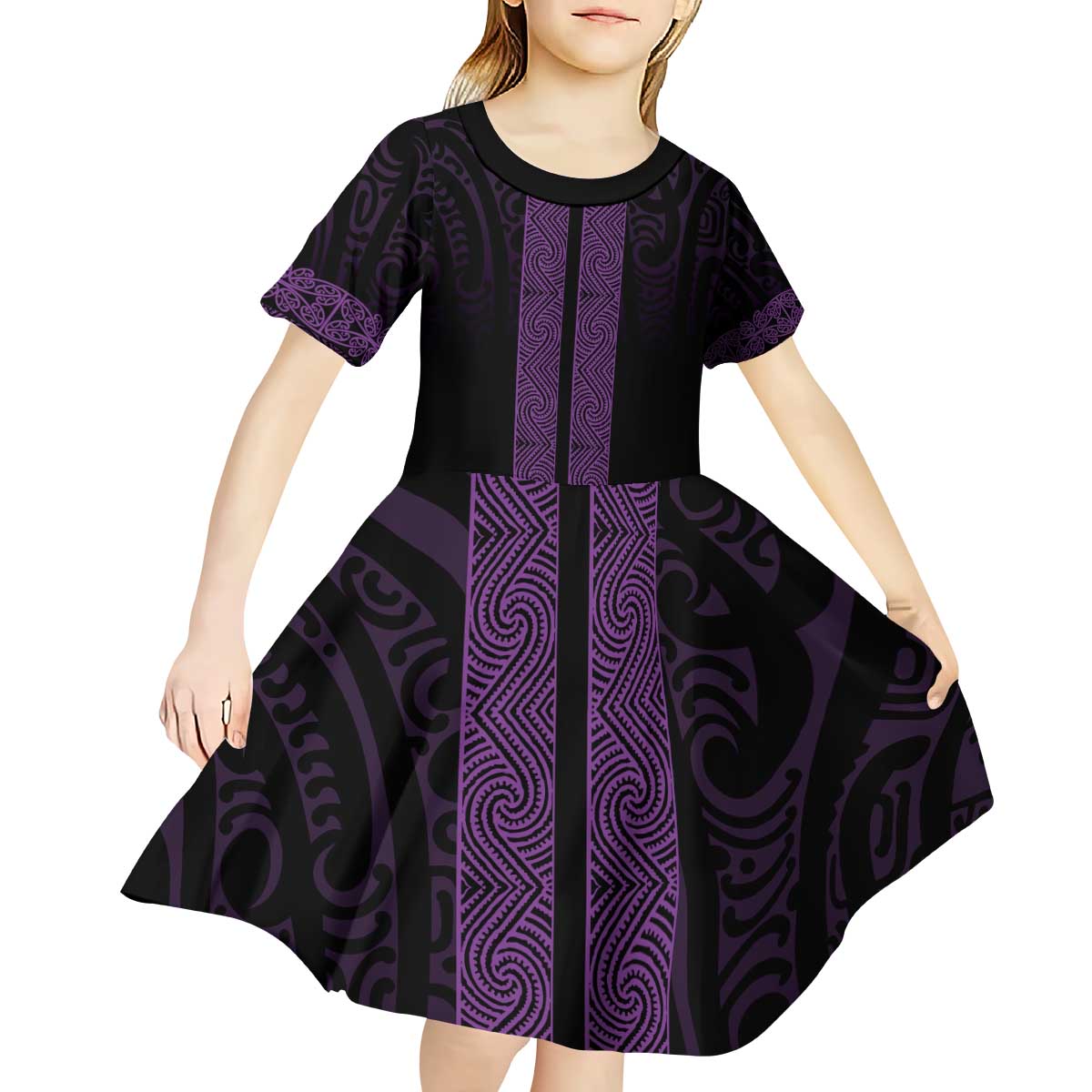 New Zealand Maori Kowhaiwhai Kid Short Sleeve Dress Waiporoporo Maui and Mangopare LT9 - Polynesian Pride