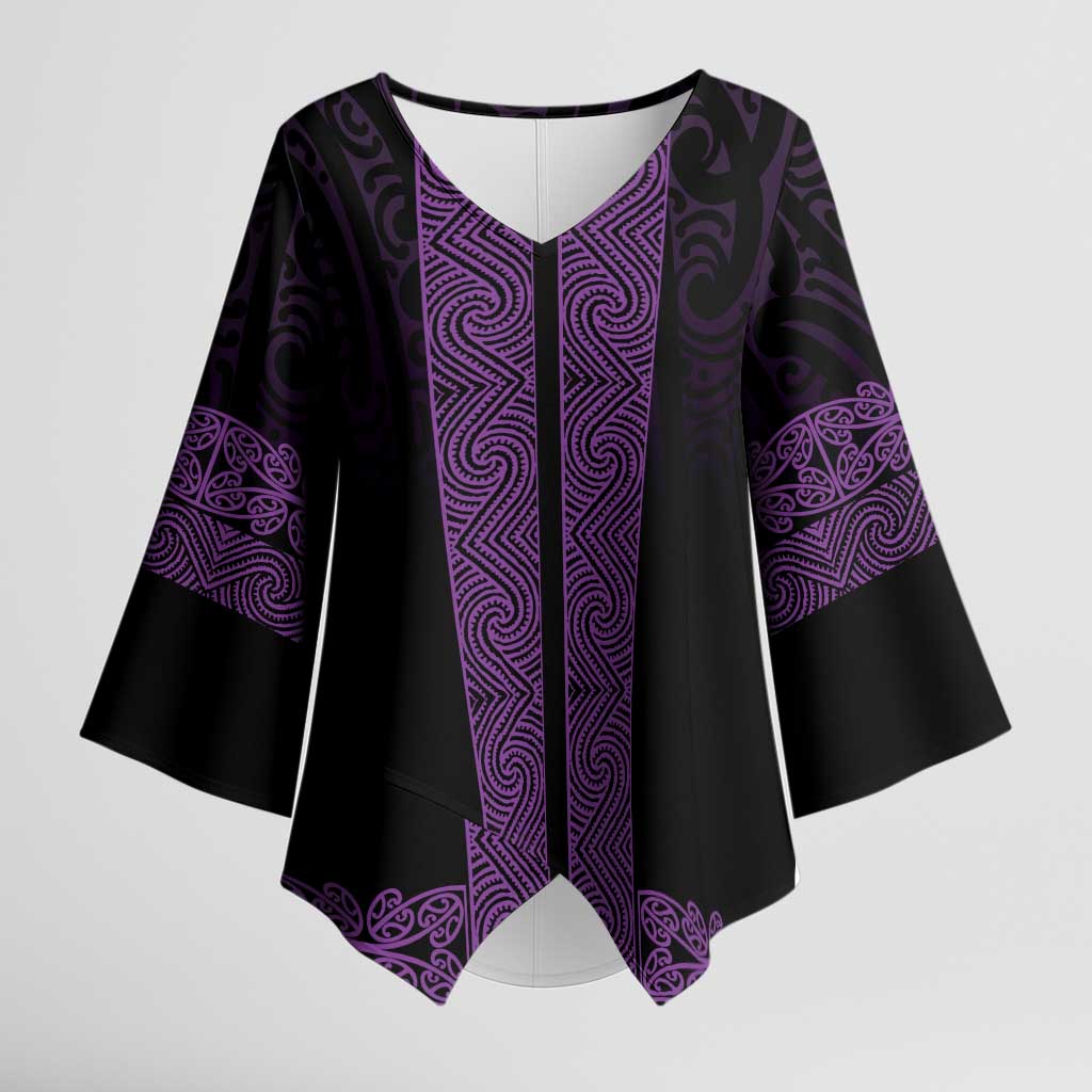 New Zealand Maori Kowhaiwhai Kimono Sleeve Blouse Waiporoporo Maui and Mangopare LT9 Female Purple - Polynesian Pride