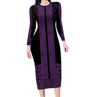 New Zealand Maori Kowhaiwhai Long Sleeve Bodycon Dress Waiporoporo Maui and Mangopare LT9 Long Dress Purple - Polynesian Pride