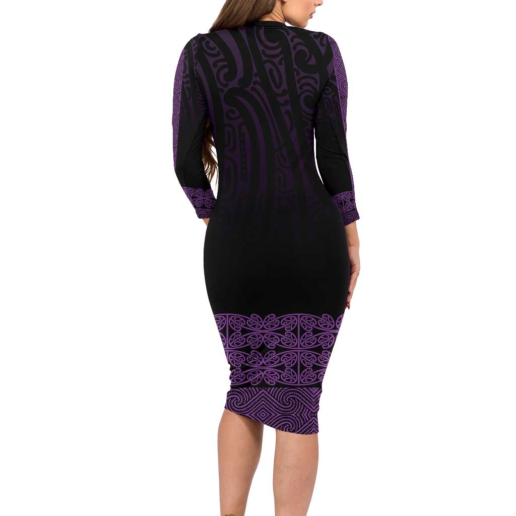 New Zealand Maori Kowhaiwhai Long Sleeve Bodycon Dress Waiporoporo Maui and Mangopare LT9 - Polynesian Pride