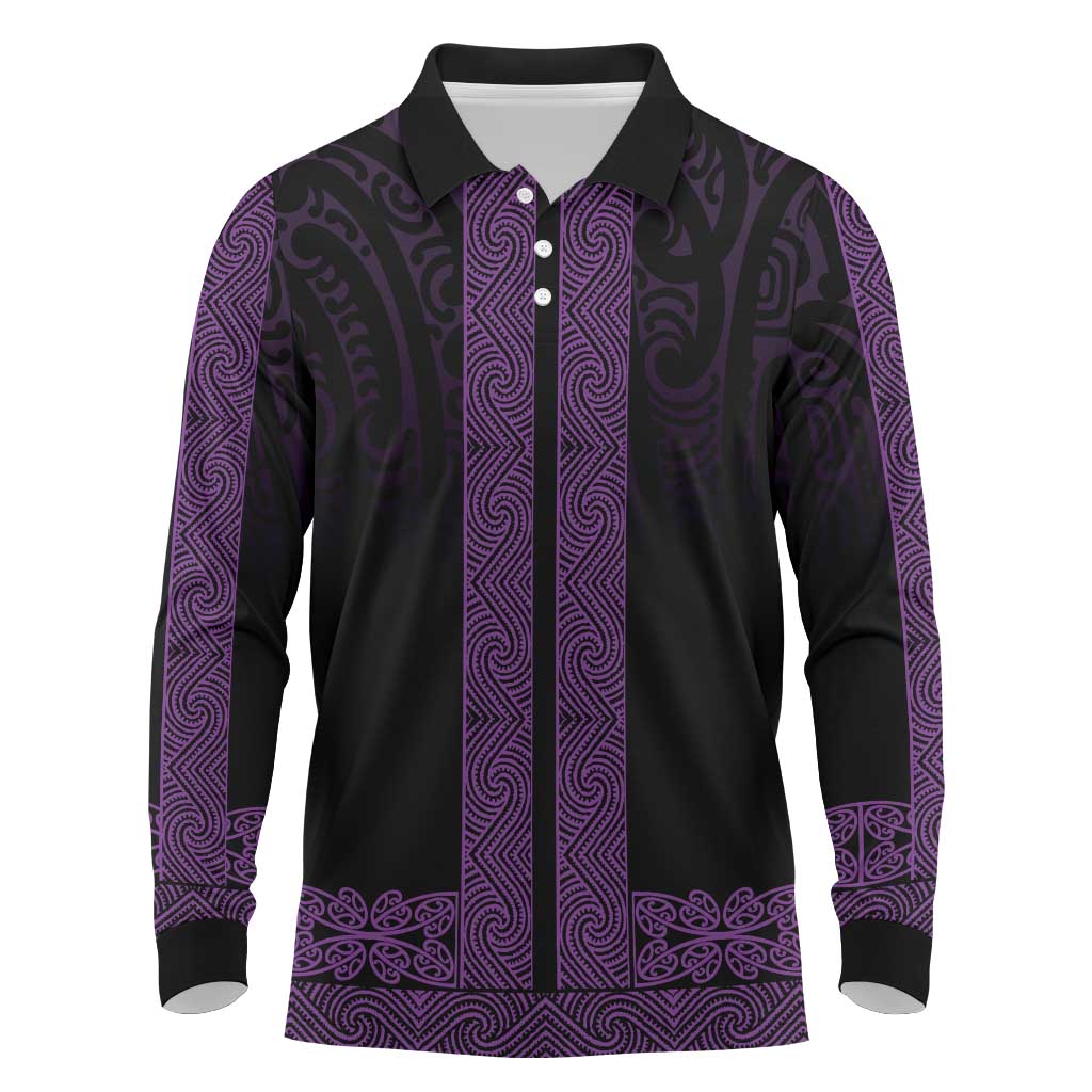 New Zealand Maori Kowhaiwhai Long Sleeve Polo Shirt Waiporoporo Maui and Mangopare LT9 Purple - Polynesian Pride