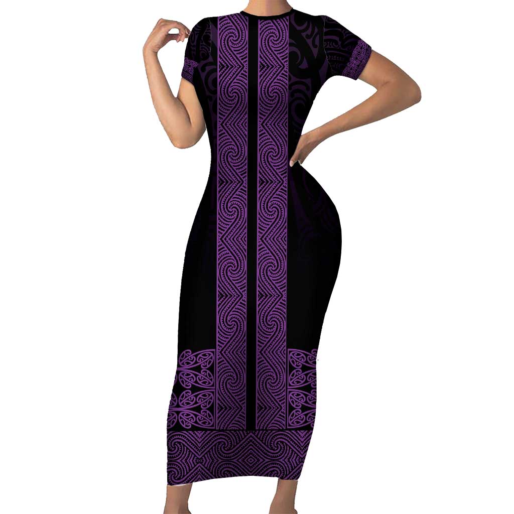 New Zealand Maori Kowhaiwhai Short Sleeve Bodycon Dress Waiporoporo Maui and Mangopare LT9 Long Dress Purple - Polynesian Pride