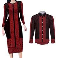 New Zealand Maori Kowhaiwhai Couples Matching Long Sleeve Bodycon Dress and Long Sleeve Button Shirt Whero Maui and Mangopare LT9 Red - Polynesian Pride