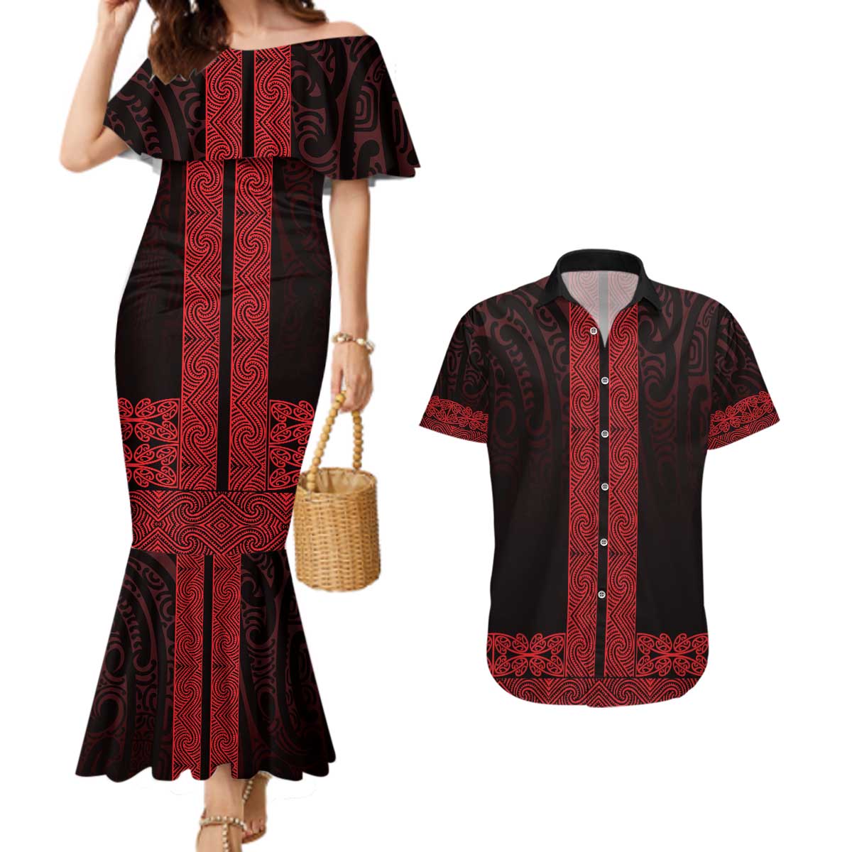 New Zealand Maori Kowhaiwhai Couples Matching Mermaid Dress and Hawaiian Shirt Whero Maui and Mangopare