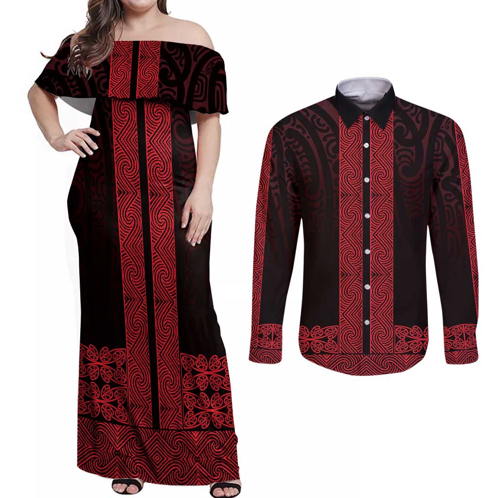 New Zealand Maori Kowhaiwhai Couples Matching Off Shoulder Maxi Dress and Long Sleeve Button Shirt Whero Maui and Mangopare LT9 Red - Polynesian Pride