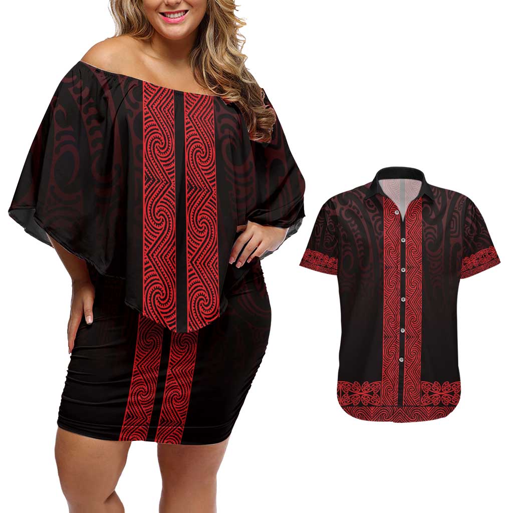 New Zealand Maori Kowhaiwhai Couples Matching Off Shoulder Short Dress and Hawaiian Shirt Whero Maui and Mangopare LT9 Red - Polynesian Pride