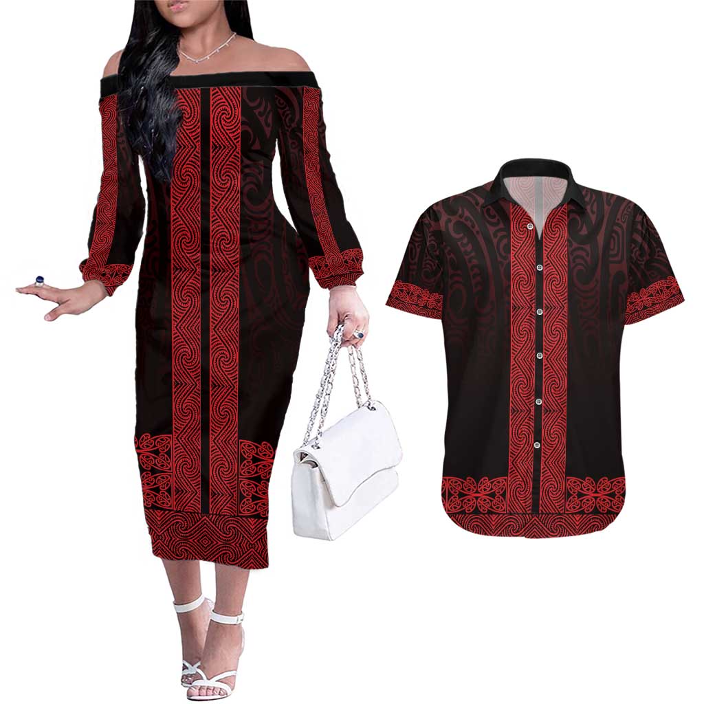 New Zealand Maori Kowhaiwhai Couples Matching Off The Shoulder Long Sleeve Dress and Hawaiian Shirt Whero Maui and Mangopare LT9 Red - Polynesian Pride