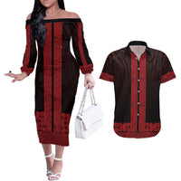New Zealand Maori Kowhaiwhai Couples Matching Off The Shoulder Long Sleeve Dress and Hawaiian Shirt Whero Maui and Mangopare LT9 Red - Polynesian Pride