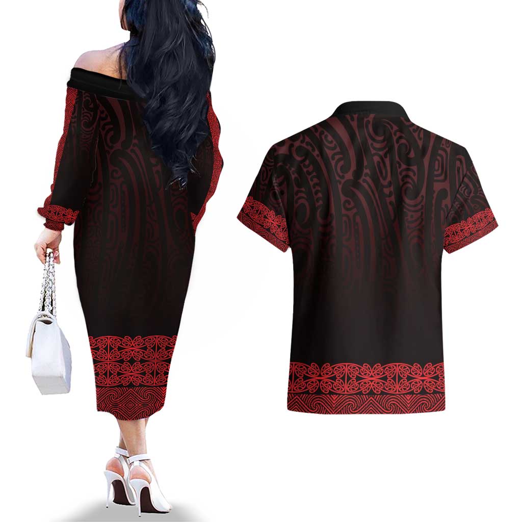 New Zealand Maori Kowhaiwhai Couples Matching Off The Shoulder Long Sleeve Dress and Hawaiian Shirt Whero Maui and Mangopare LT9 - Polynesian Pride