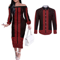 New Zealand Maori Kowhaiwhai Couples Matching Off The Shoulder Long Sleeve Dress and Long Sleeve Button Shirt Whero Maui and Mangopare LT9 Red - Polynesian Pride
