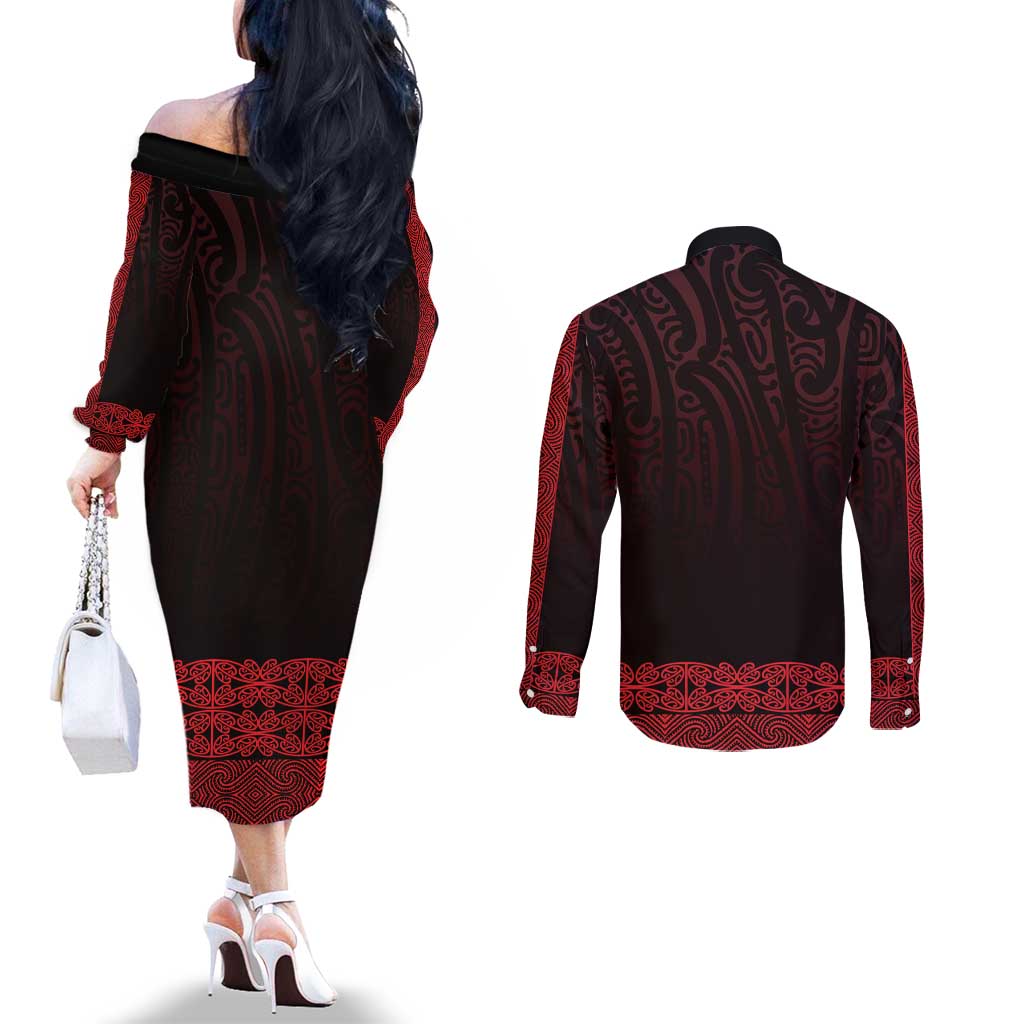 New Zealand Maori Kowhaiwhai Couples Matching Off The Shoulder Long Sleeve Dress and Long Sleeve Button Shirt Whero Maui and Mangopare LT9 - Polynesian Pride