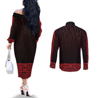 New Zealand Maori Kowhaiwhai Couples Matching Off The Shoulder Long Sleeve Dress and Long Sleeve Button Shirt Whero Maui and Mangopare LT9 - Polynesian Pride