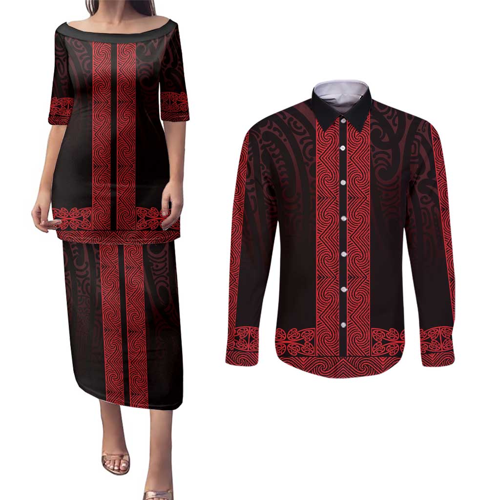 New Zealand Maori Kowhaiwhai Couples Matching Puletasi and Long Sleeve Button Shirt Whero Maui and Mangopare