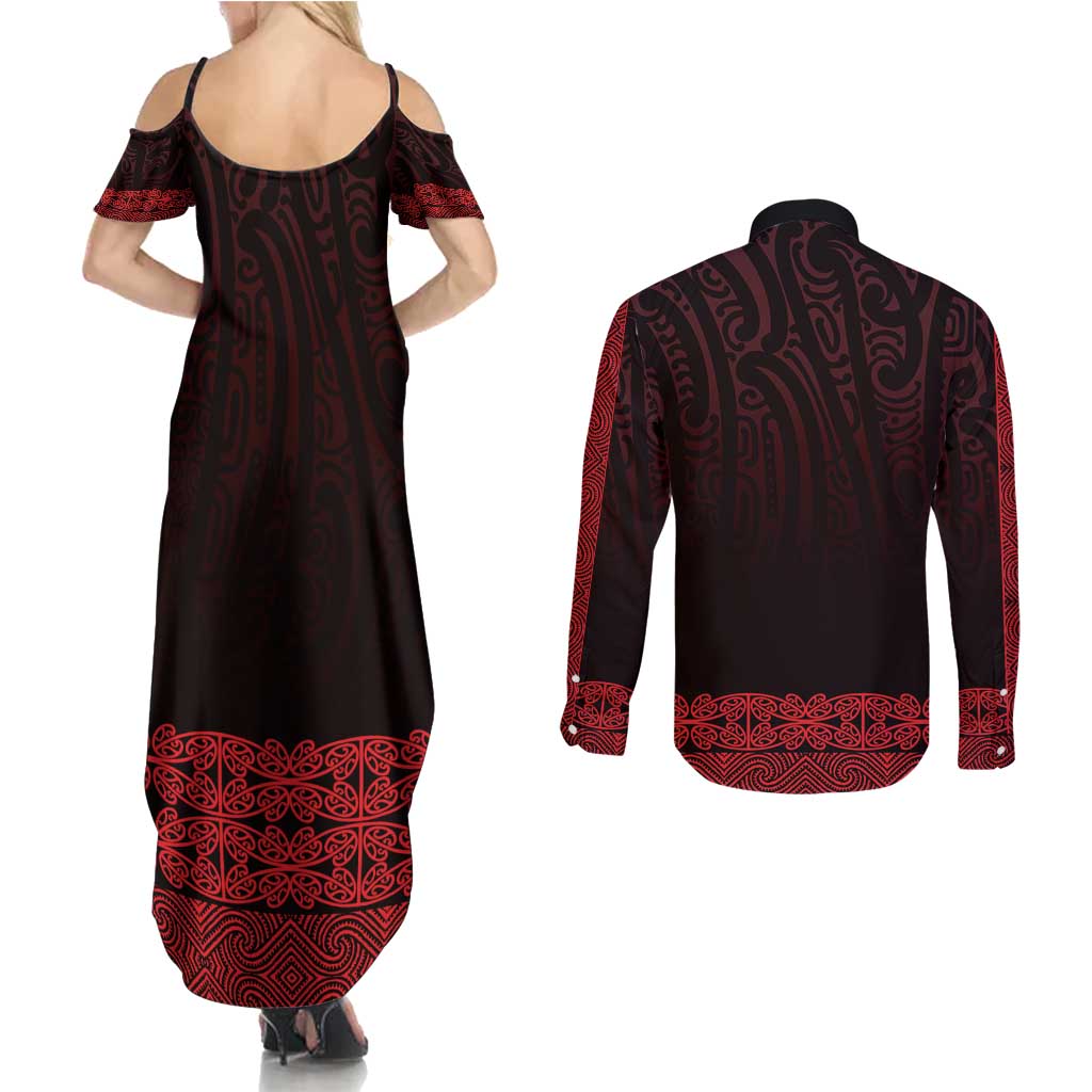 New Zealand Maori Kowhaiwhai Couples Matching Summer Maxi Dress and Long Sleeve Button Shirt Whero Maui and Mangopare LT9 - Polynesian Pride