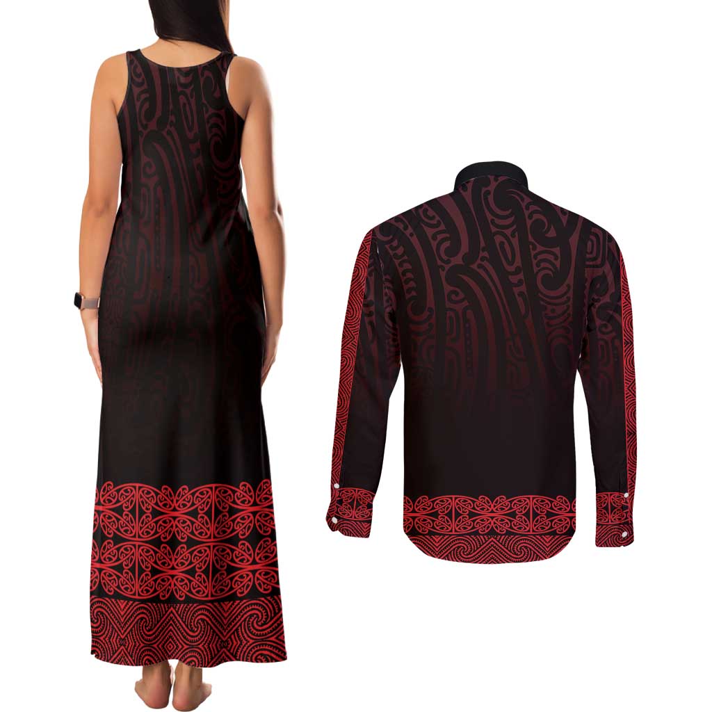 New Zealand Maori Kowhaiwhai Couples Matching Tank Maxi Dress and Long Sleeve Button Shirt Whero Maui and Mangopare LT9 - Polynesian Pride