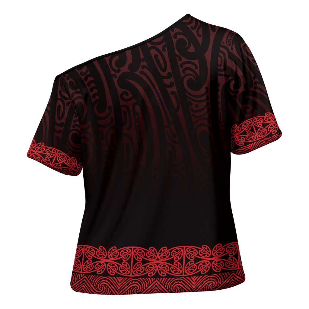 New Zealand Maori Kowhaiwhai Cross Shoulder Shirt Whero Maui and Mangopare LT9 - Polynesian Pride