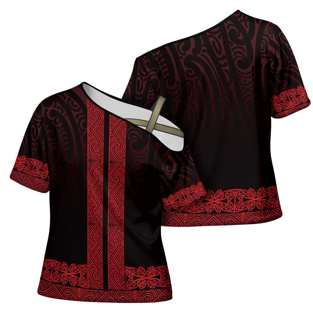 New Zealand Maori Kowhaiwhai Cross Shoulder Shirt Whero Maui and Mangopare LT9 - Polynesian Pride