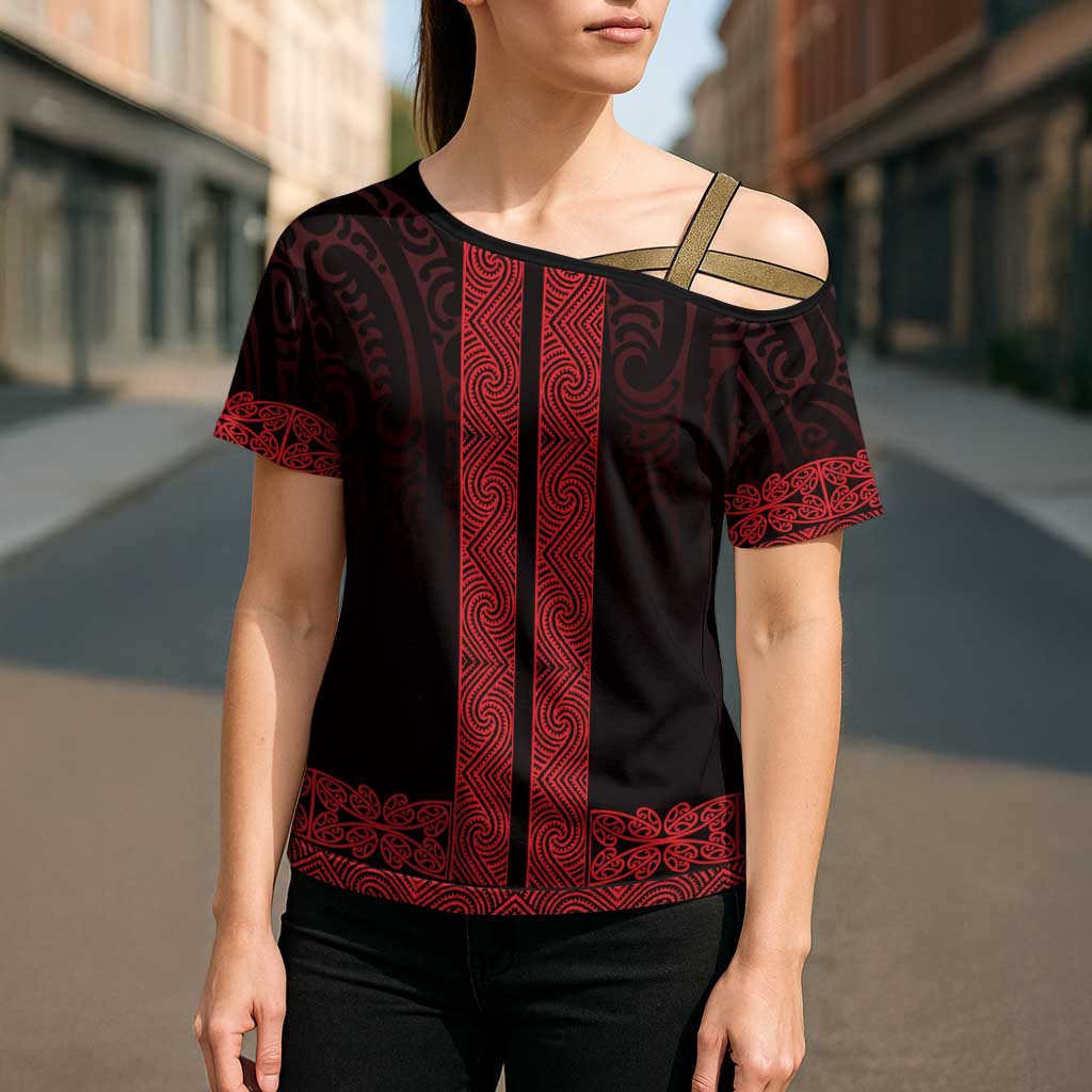 New Zealand Maori Kowhaiwhai Cross Shoulder Shirt Whero Maui and Mangopare LT9 - Polynesian Pride