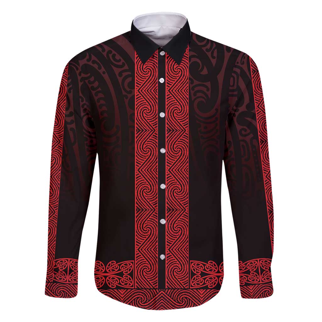 New Zealand Maori Kowhaiwhai Family Matching Long Sleeve Bodycon Dress and Hawaiian Shirt Whero Maui and Mangopare LT9 Dad's Shirt - Long Sleeve Red - Polynesian Pride