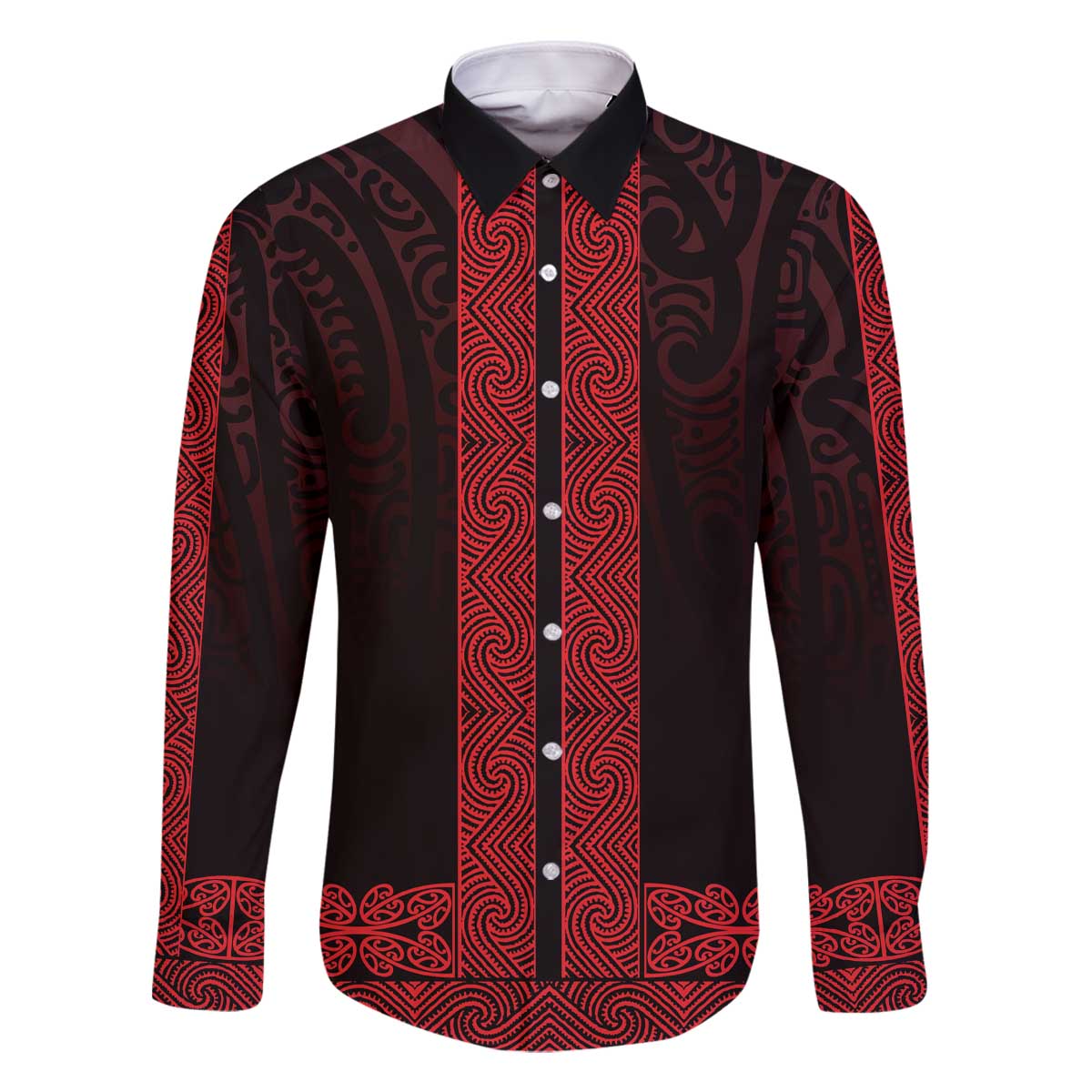 New Zealand Maori Kowhaiwhai Family Matching Off The Shoulder Long Sleeve Dress and Hawaiian Shirt Whero Maui and Mangopare LT9 Dad's Shirt - Long Sleeve Red - Polynesian Pride