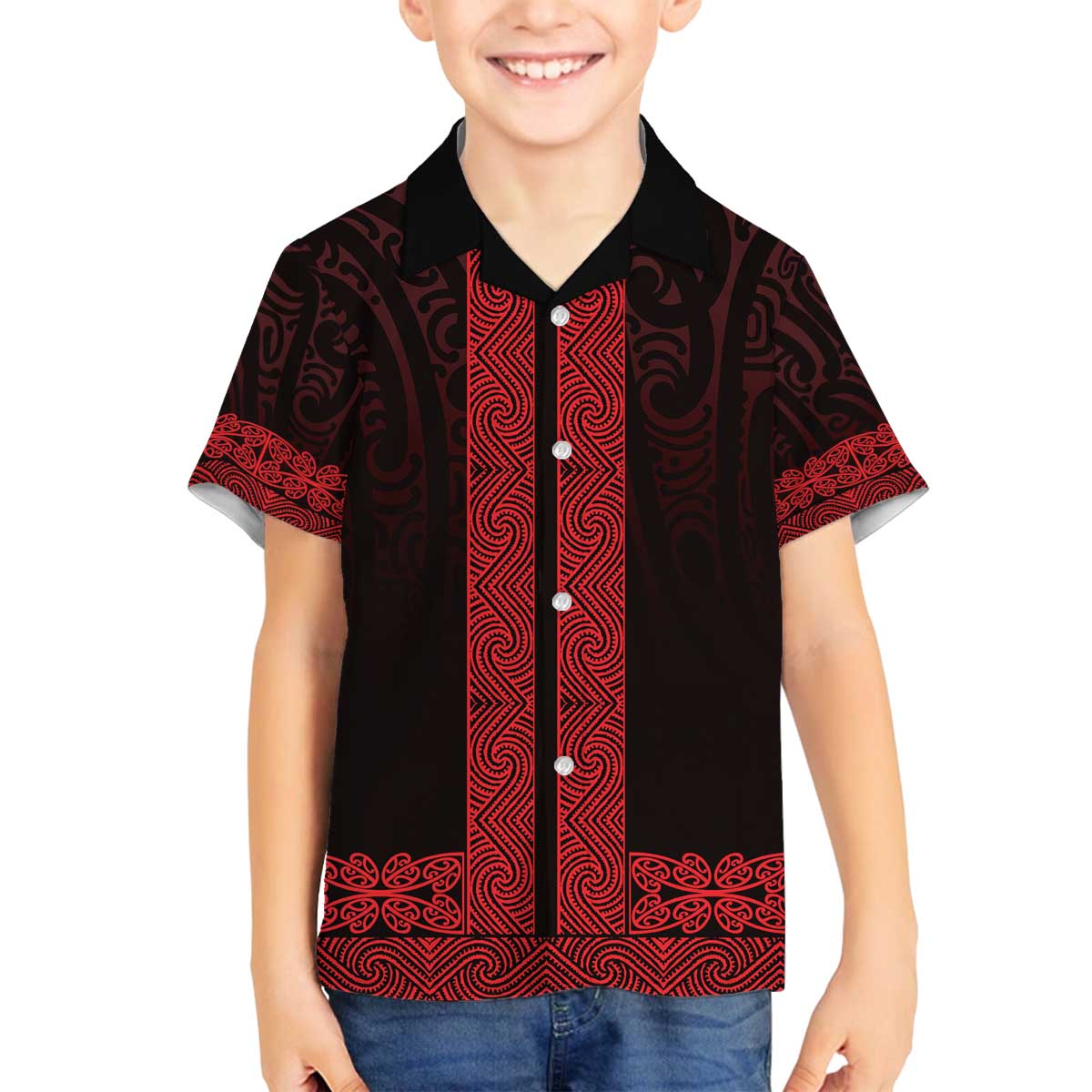 New Zealand Maori Kowhaiwhai Family Matching Off The Shoulder Long Sleeve Dress and Hawaiian Shirt Whero Maui and Mangopare LT9 Son's Shirt Red - Polynesian Pride