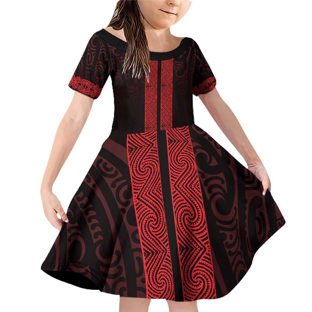 New Zealand Maori Kowhaiwhai Family Matching Off Shoulder Short Dress and Hawaiian Shirt Whero Maui and Mangopare LT9 Daughter's Dress Red - Polynesian Pride