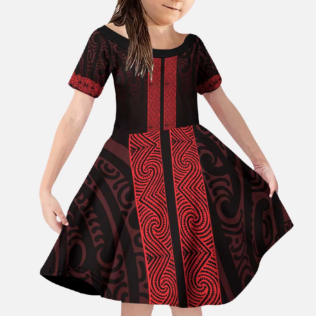 New Zealand Maori Kowhaiwhai Family Matching Tank Maxi Dress and Hawaiian Shirt Whero Maui and Mangopare LT9 Daughter's Dress Red - Polynesian Pride